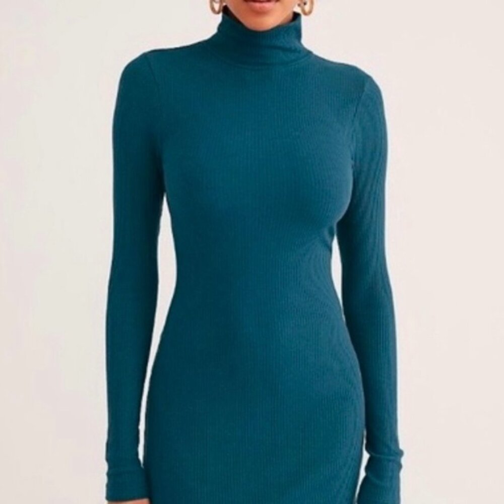 [Free People] Around Town Mini Ribbed Mock Dress in Teal